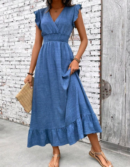 Nora Chambray Smocked V-Neck Ruffle Tiered Midi Dress Summer Mensa