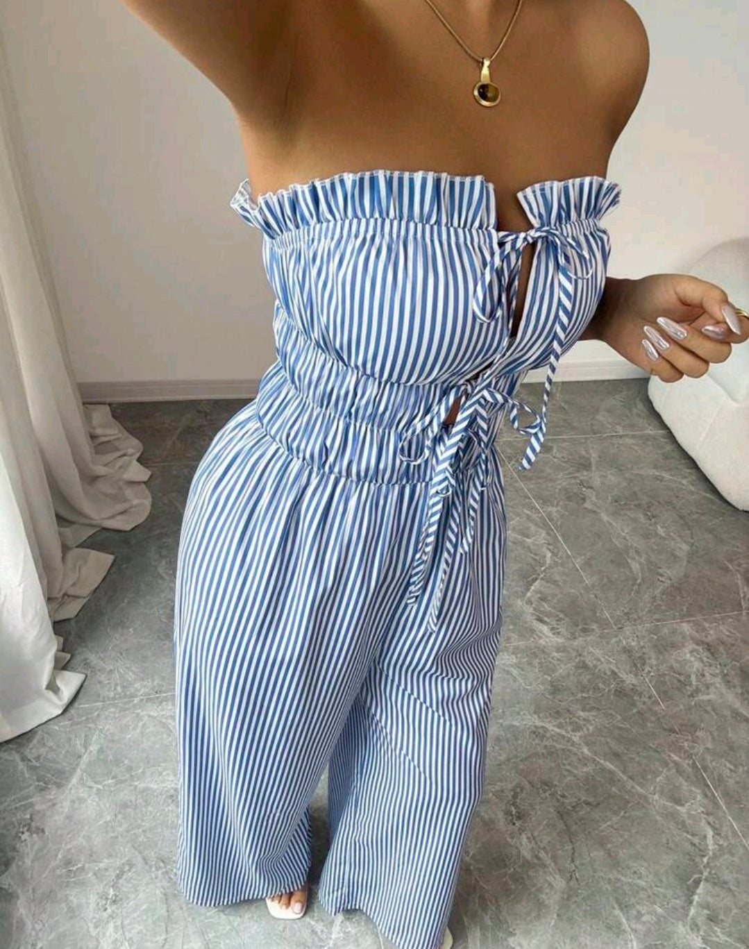 Isabella Striped Strapless Wide Leg Jumpsuit Summer Mensa