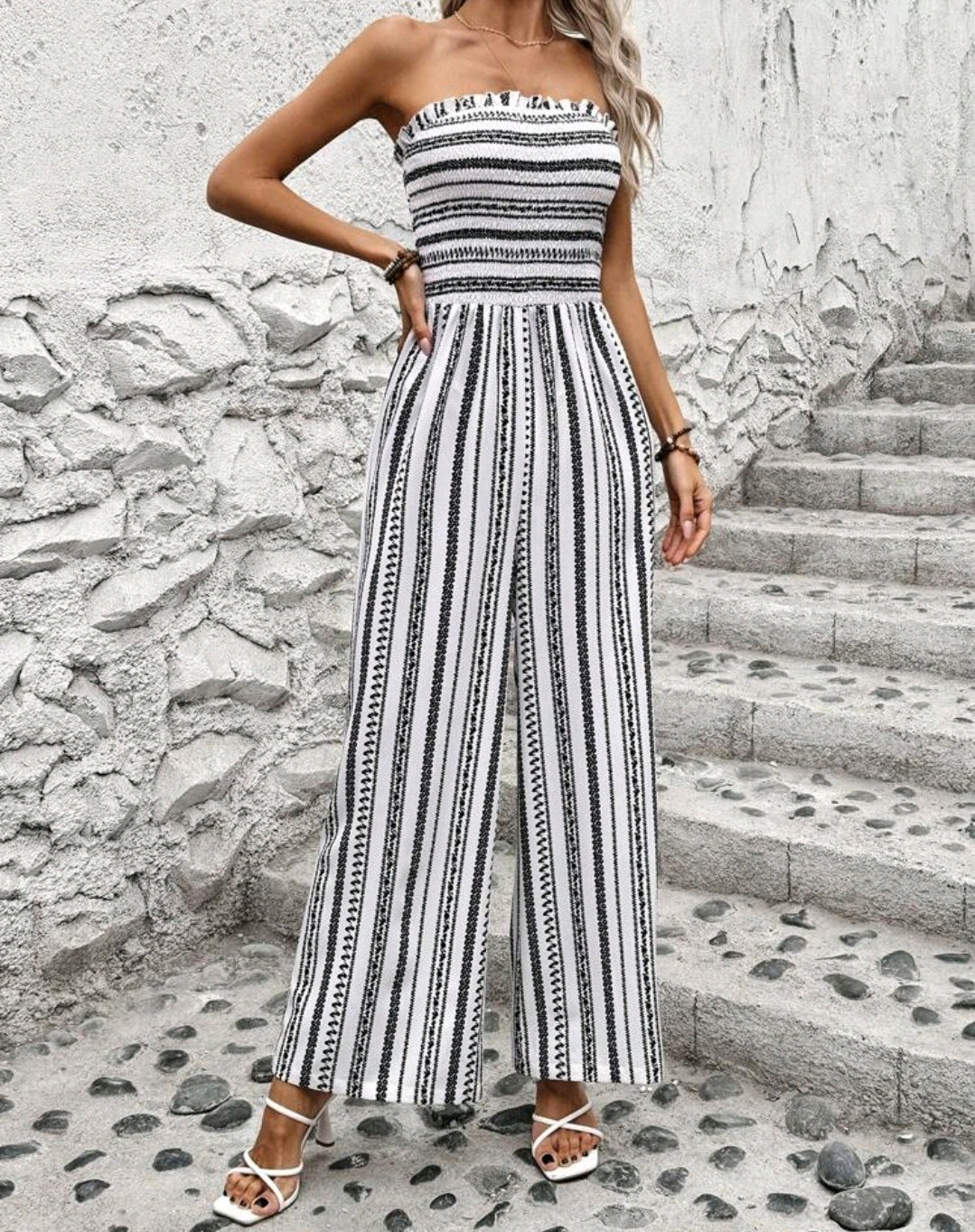 Aria White Striped Smocked Strapless Wide Leg Jumpsuit Summer Mensa
