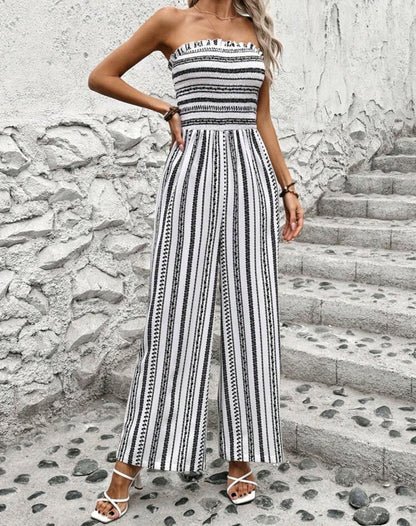 Aria White Striped Smocked Strapless Wide Leg Jumpsuit Summer Mensa