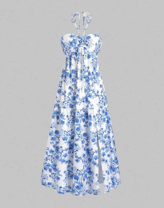 Blue Floral Halter Tie-Front Tiered Midi Dress Mensa