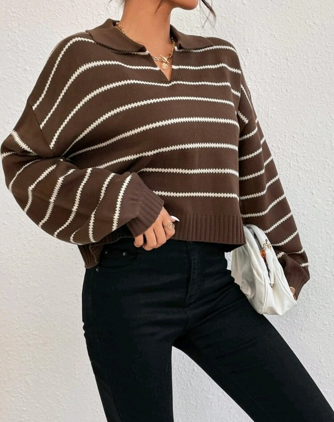 Liora Striped Drop-Shoulder Polo Knit Sweater Fall Mensa