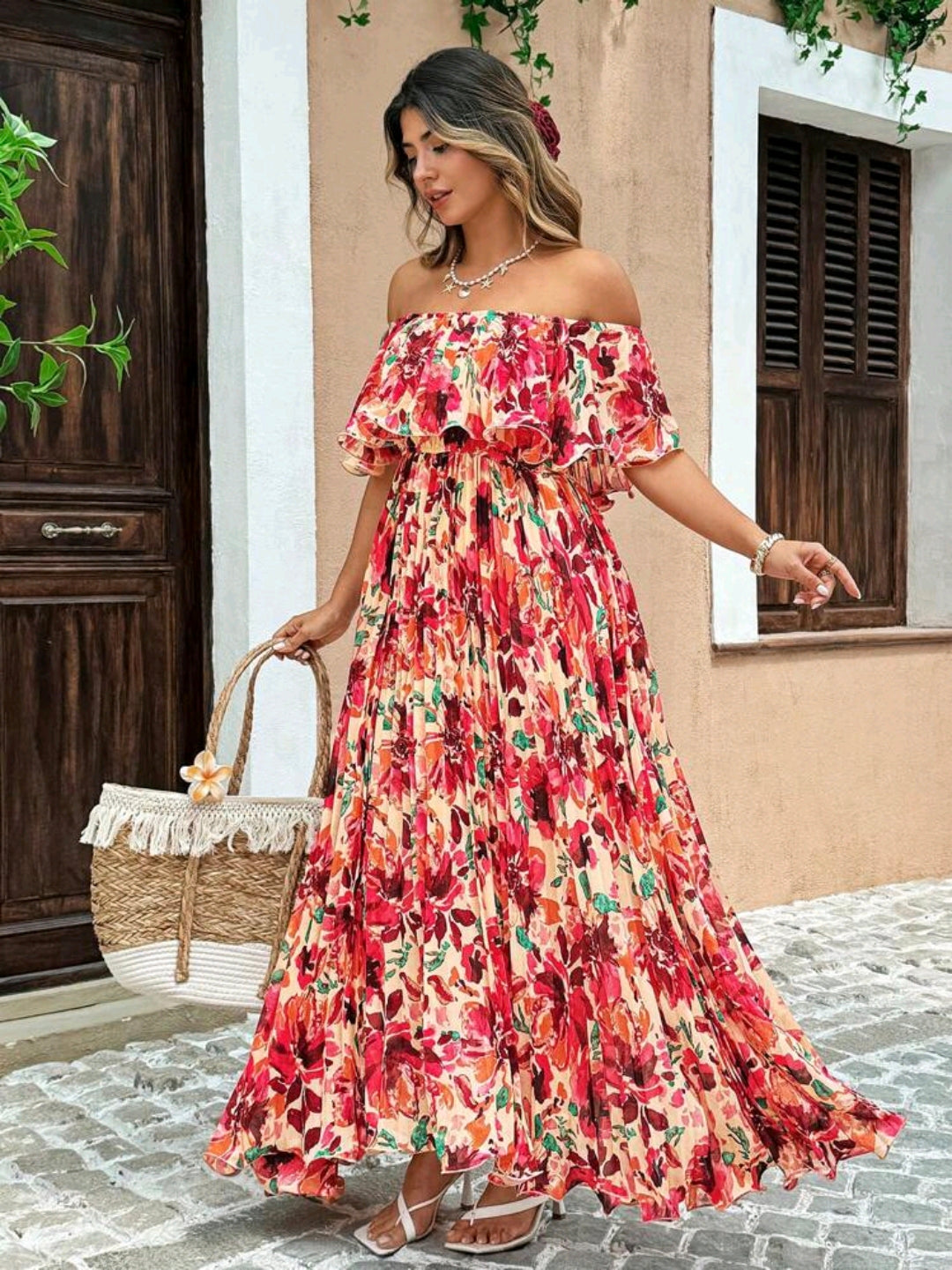 Isabella Red Floral Off Shoulder Ruffle Maxi Dress Summer Mensa