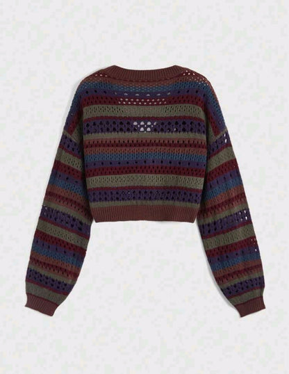 Open Knit Striped Crop Cardigan Mensa
