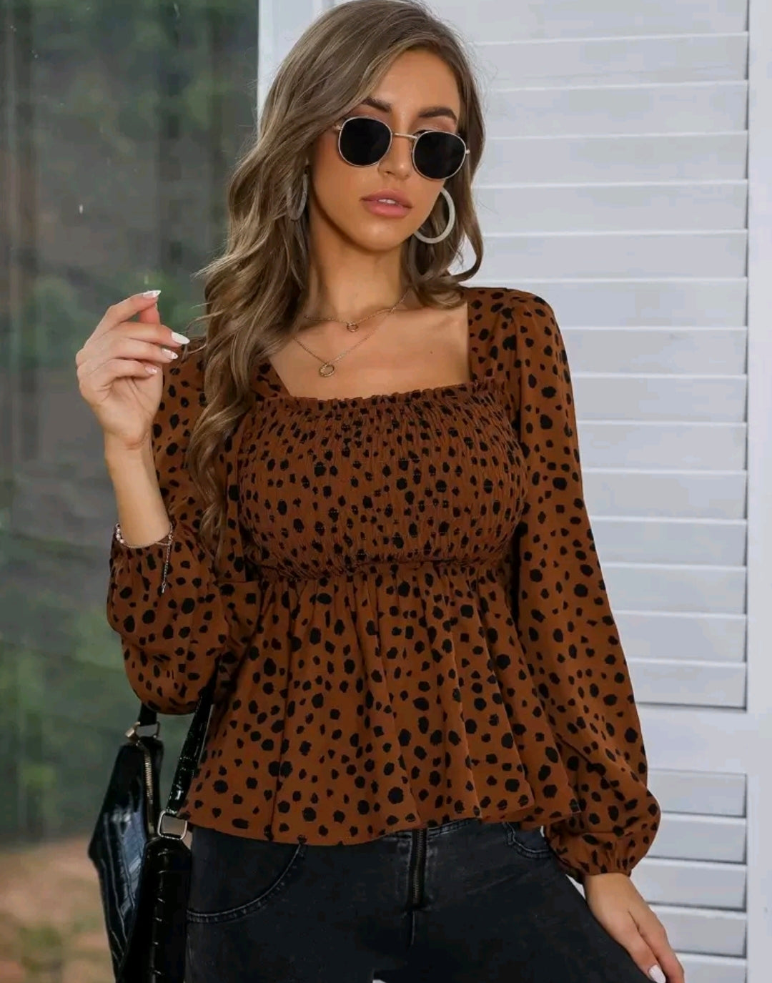 Brown Polka Dot Square Neck Peplum Top Summer Mensa
