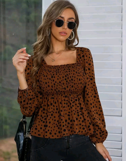 Brown Polka Dot Square Neck Peplum Top Summer Mensa
