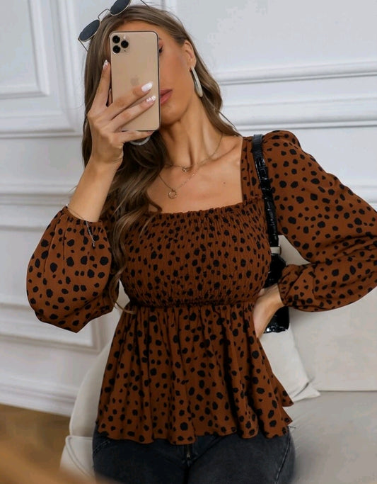 Brown Polka Dot Square Neck Peplum Top Summer Mensa
