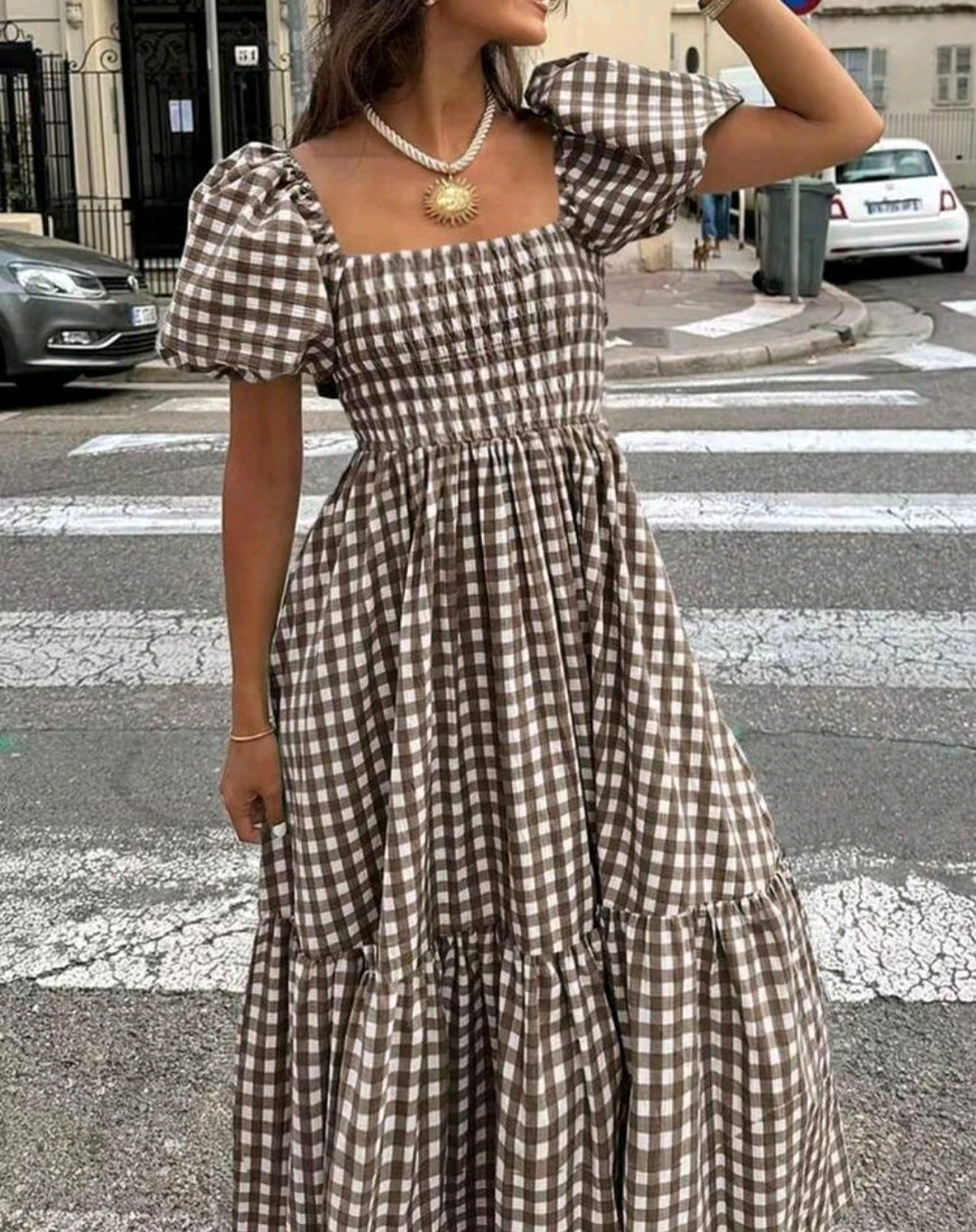 Isabella Gingham Square Neck Puff Sleeve Maxi Dress Summer Mensa