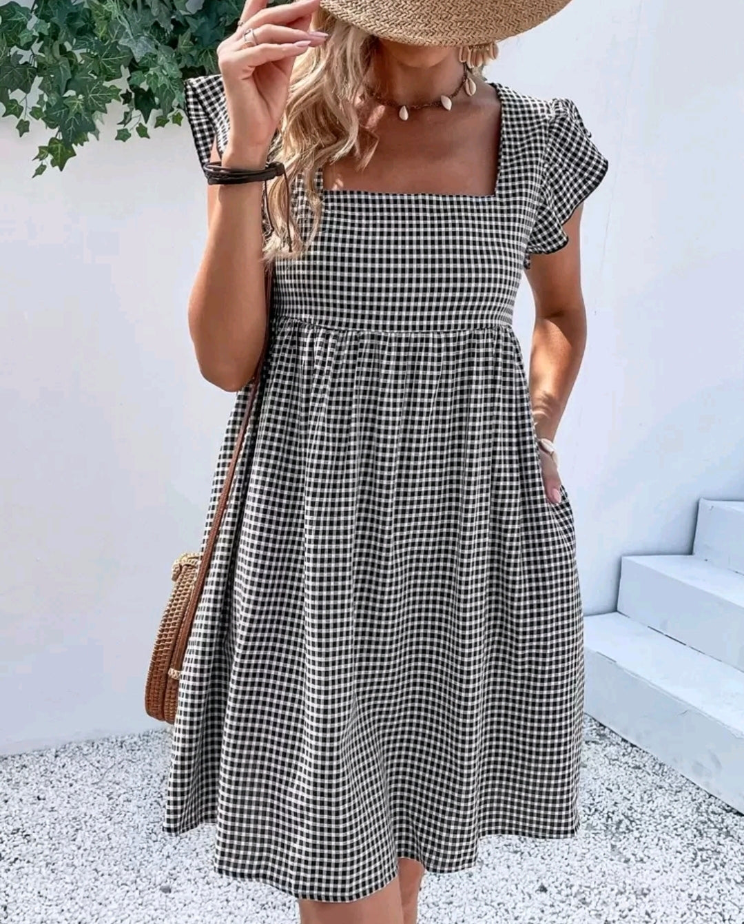 Elena Gingham Square Neck Flutter Sleeve Midi Dress Summer Mensa