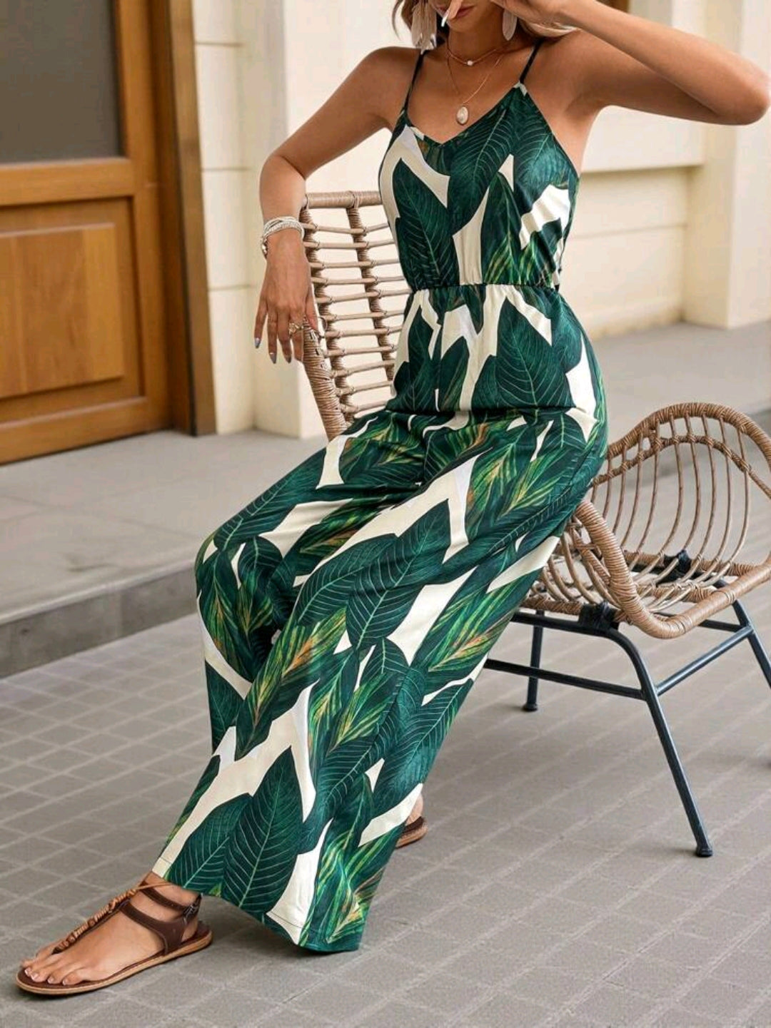 Sophia Green Leaf Print Wide Leg Jumpsuit Summer Mensa
