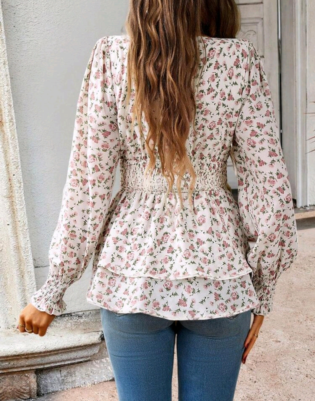 Emma Pink Floral Long Sleeve V-Neck Peplum Top Summer Mensa