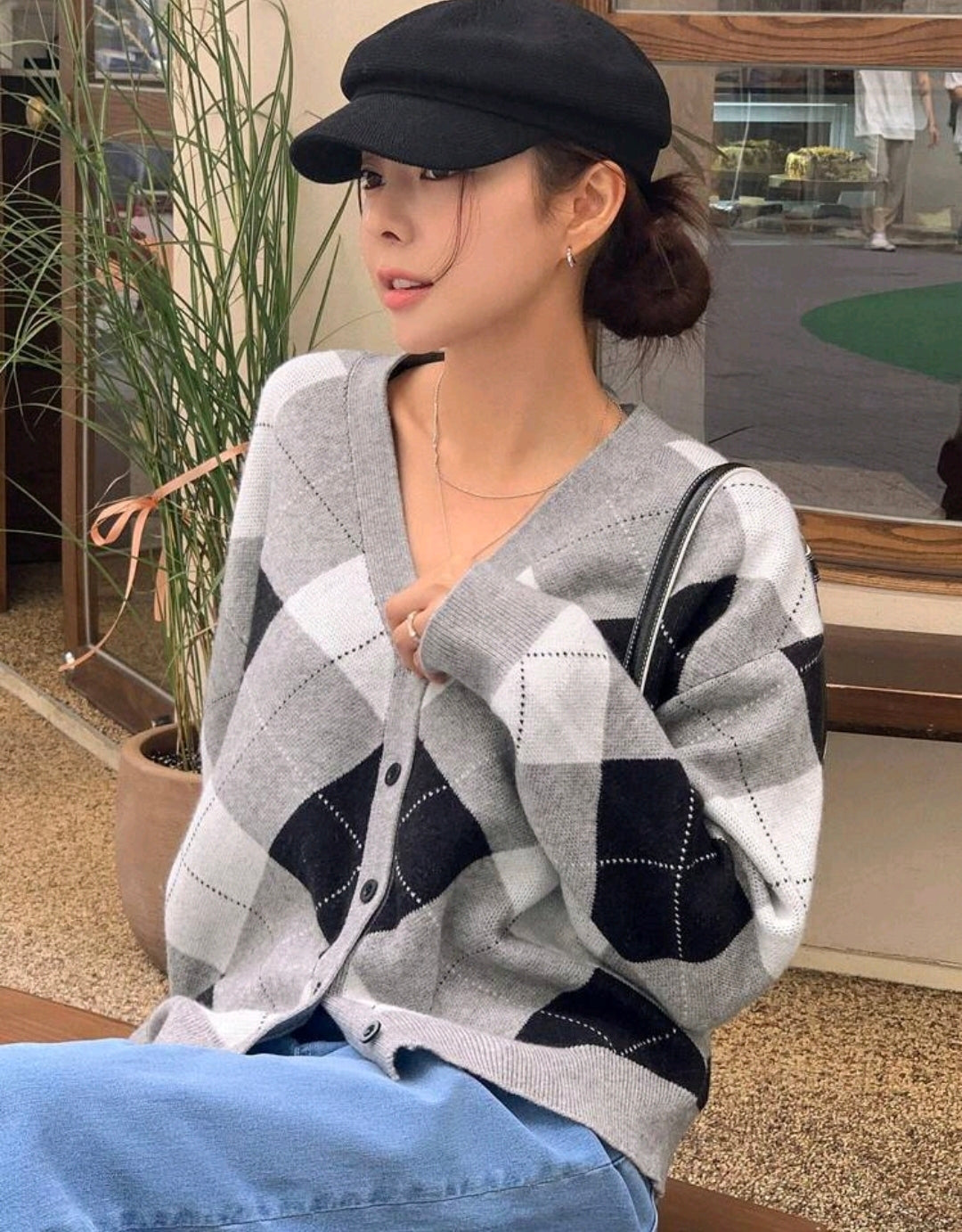 Noelle Argyle Knit Cardigan Grey Fall Mensa