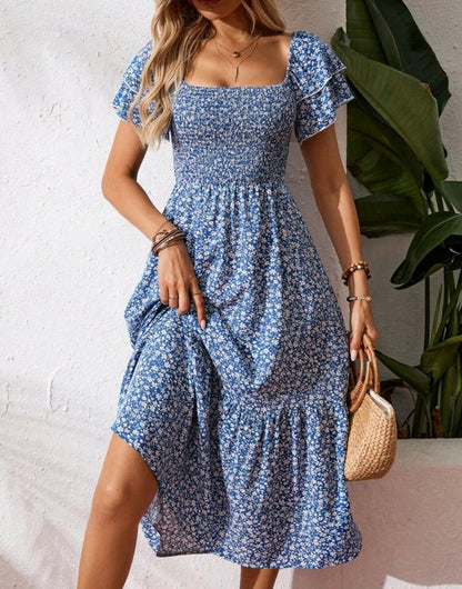 Mia Floral Smocked Square Neck Tiered Midi Dress Mensa