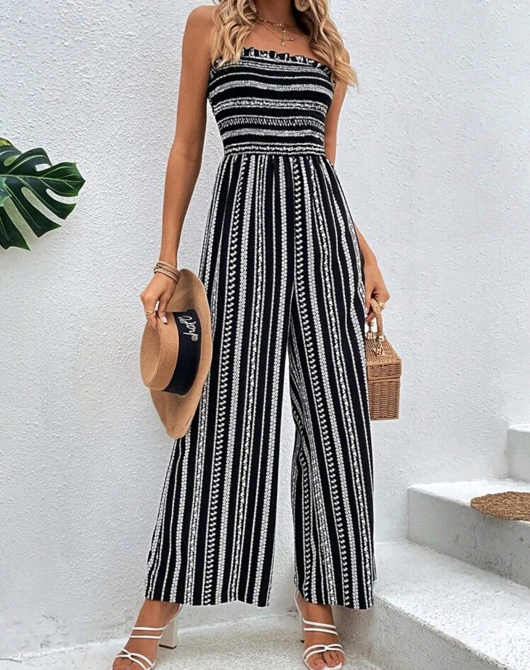 Sophia Black Striped Smocked Strapless Wide Leg Jumpsuit Summer Mensa