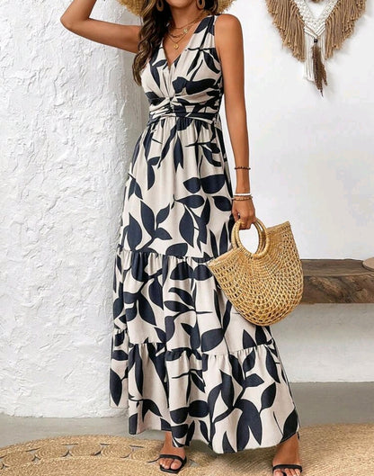 Aria Leaf Print V-Neck Tiered Maxi Dress Summer Mensa