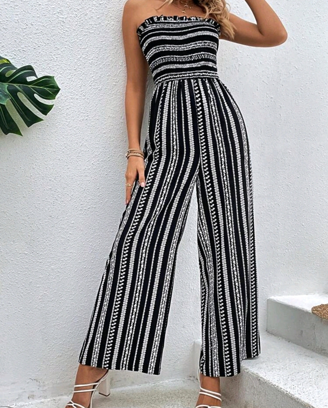Sophia Black Striped Smocked Strapless Wide Leg Jumpsuit Summer Mensa