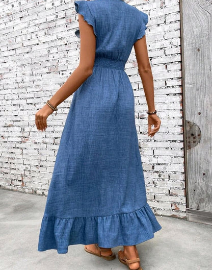 Nora Chambray Smocked V-Neck Ruffle Tiered Midi Dress Summer Mensa
