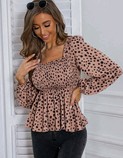 Emma Beige Polka Dot Square Neck Peplum Top Summer Mensa