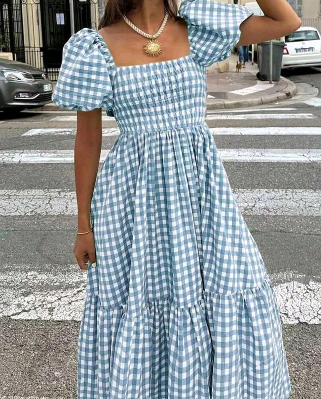 Mia Gingham Smocked Square Neck Tiered Maxi Dress Summer Mensa