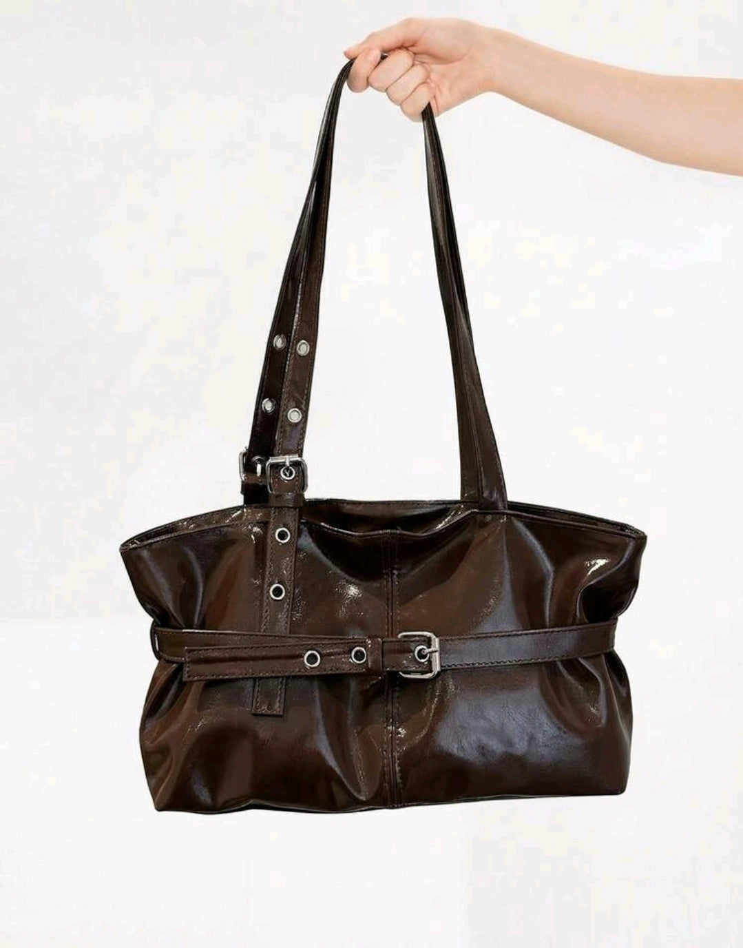 Clara Brown Patent Slouch Tote Buckle Bag Mensa