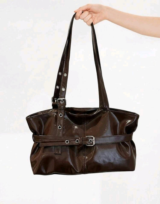 Clara Brown Patent Slouch Tote Buckle Bag Mensa