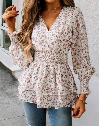 Emma Pink Floral Long Sleeve V-Neck Peplum Top Summer Mensa