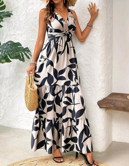 Aria Leaf Print V-Neck Tiered Maxi Dress Summer Mensa
