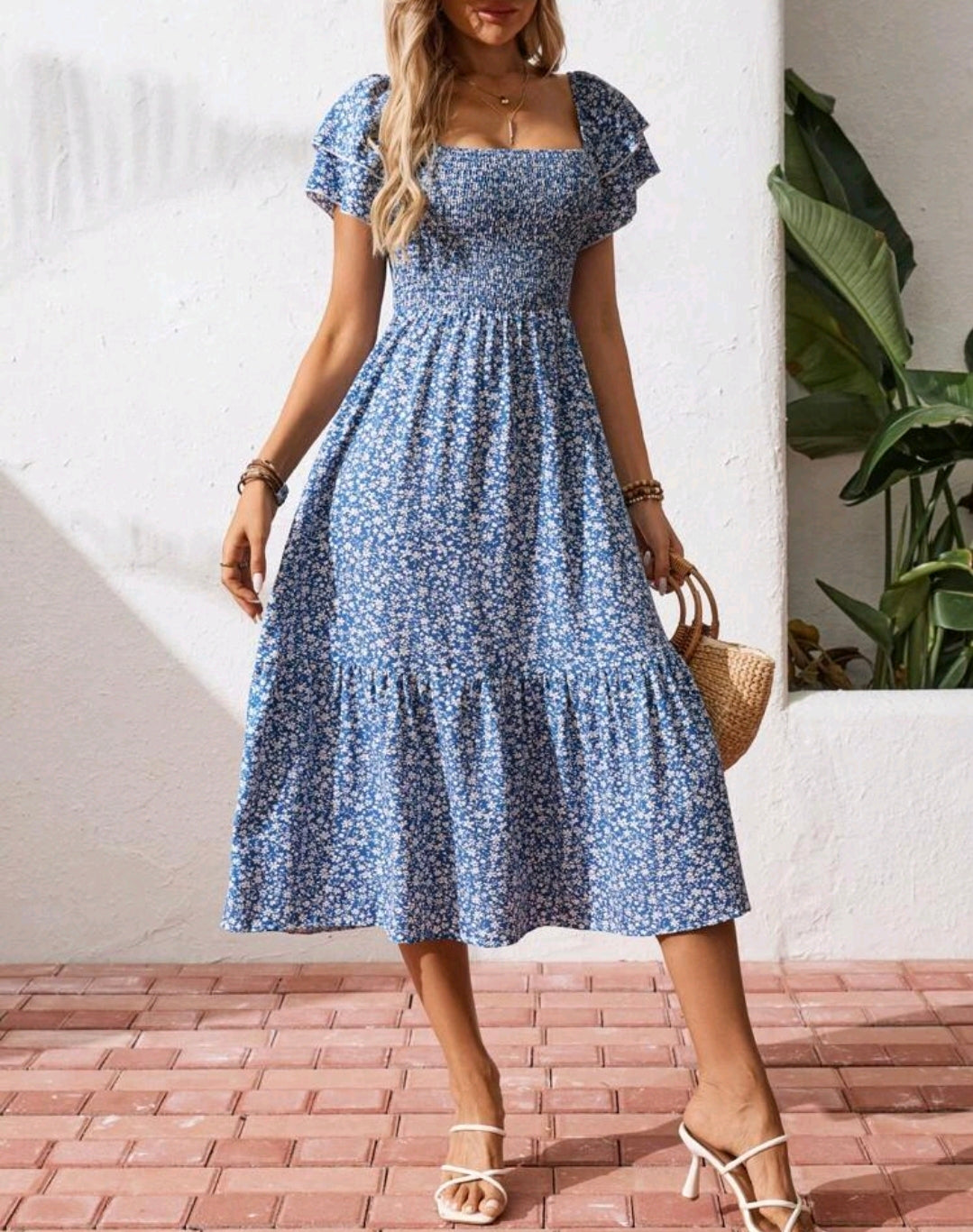 Mia Floral Smocked Square Neck Tiered Midi Dress Mensa
