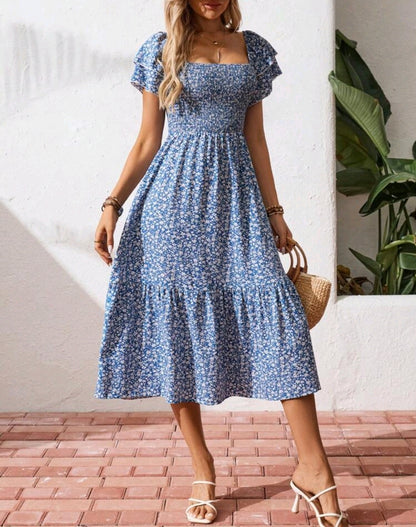 Mia Floral Smocked Square Neck Tiered Midi Dress Mensa