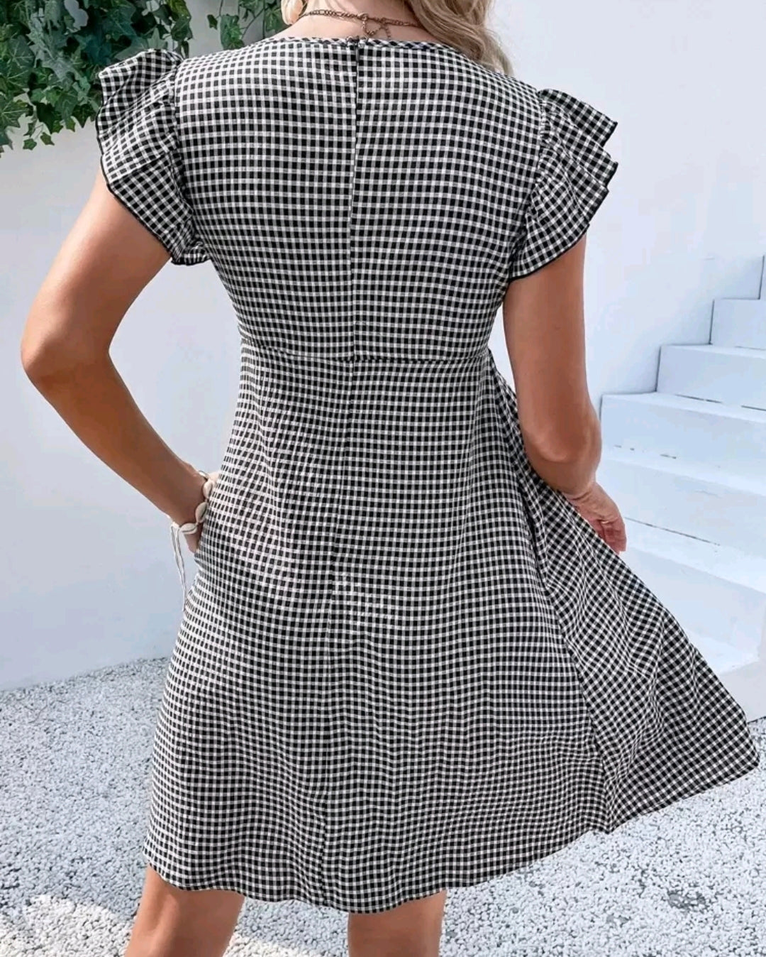 Elena Gingham Square Neck Flutter Sleeve Midi Dress Summer Mensa