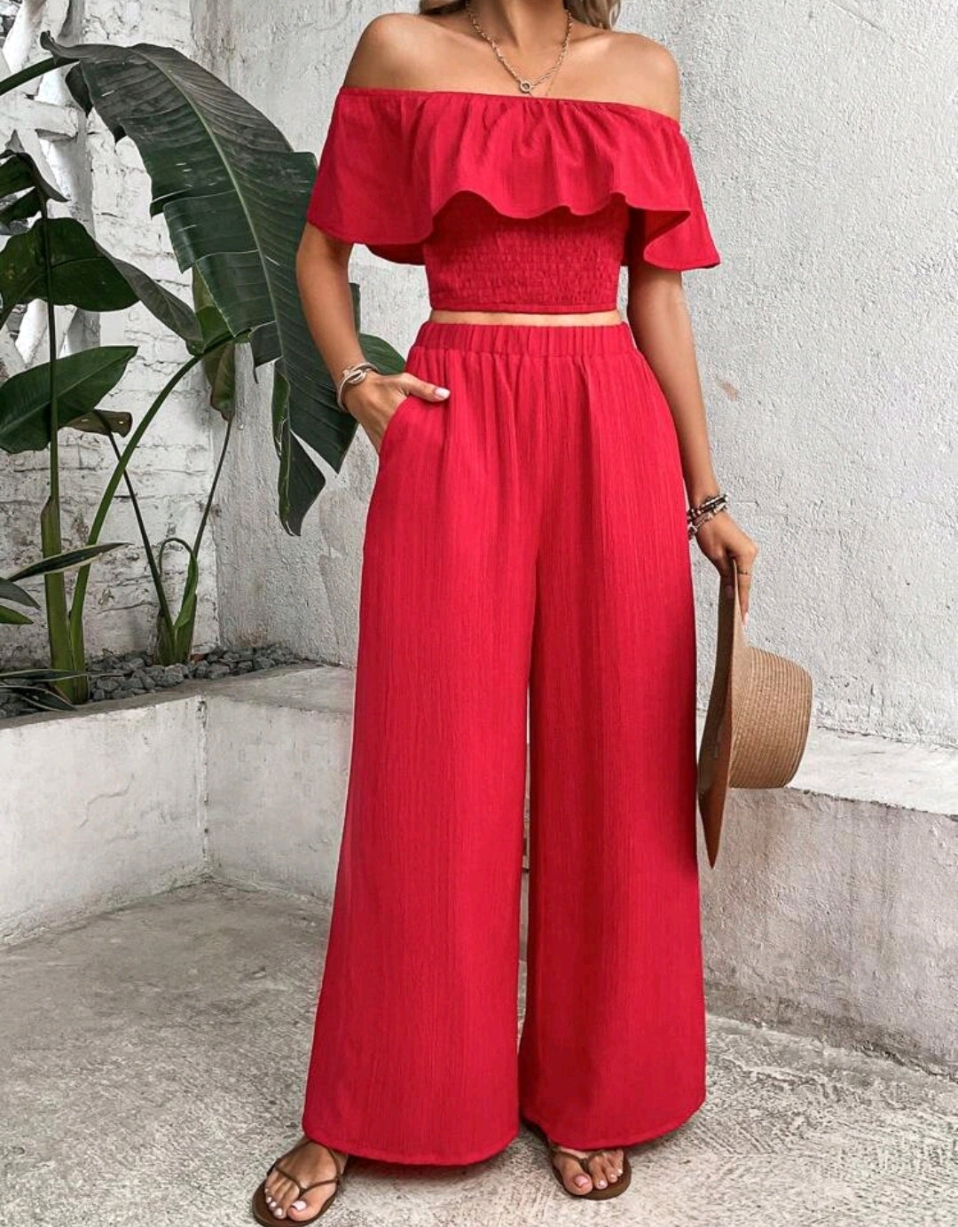 Elena Off Shoulder Ruffle Wide Leg Pants Set Summer Mensa