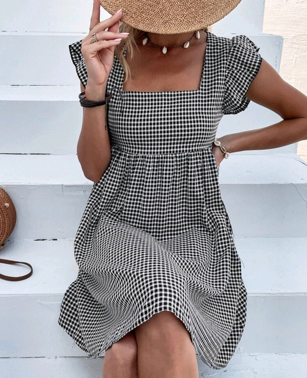 Elena Gingham Square Neck Flutter Sleeve Midi Dress Summer Mensa