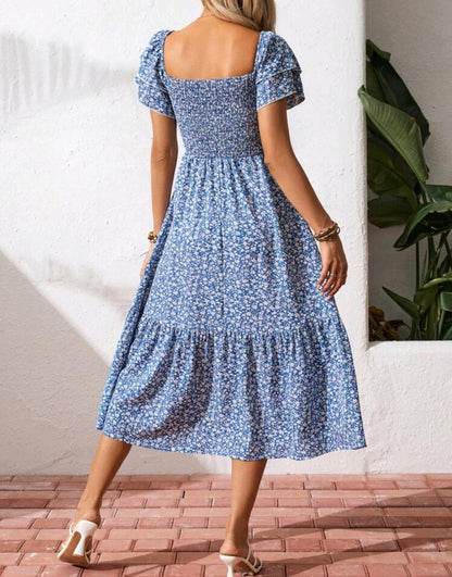 Mia Floral Smocked Square Neck Tiered Midi Dress Mensa