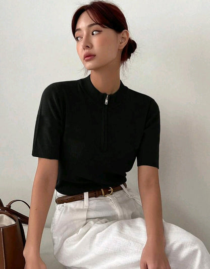Mira Mock Neck Half Zip Knit Top Mensa