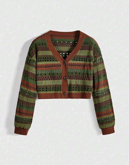 Open Knit Striped Crop Cardigan Mensa