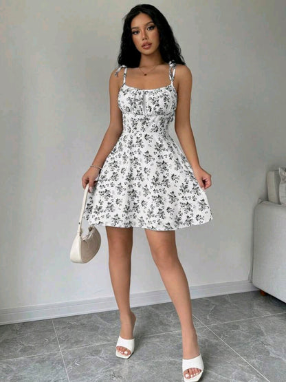 Mia White Floral Tie Strap Smocked Mini Dress Summer Mensa