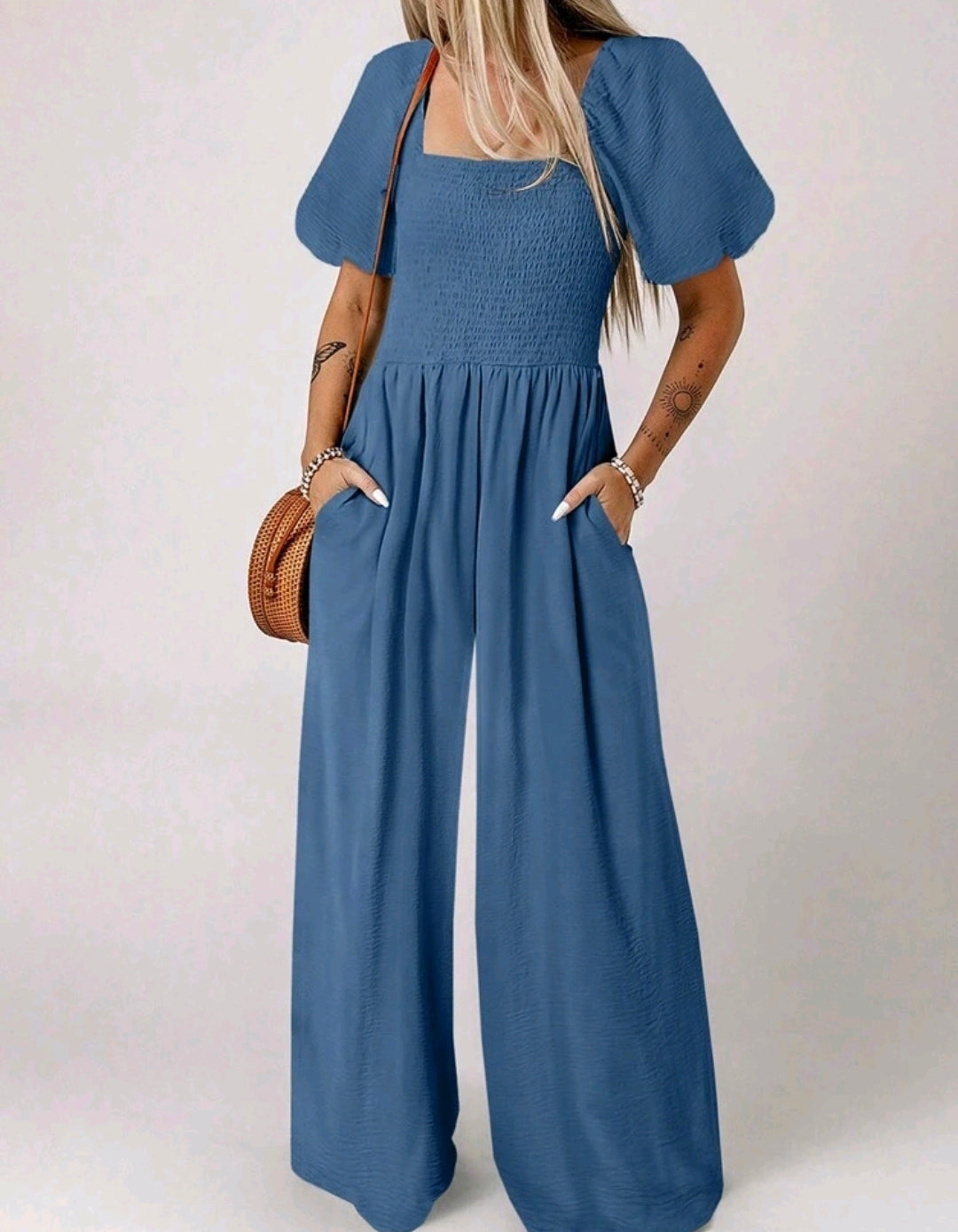 Isabella Square Neck Smocked Wide Leg Jumpsuit Summer Mensa