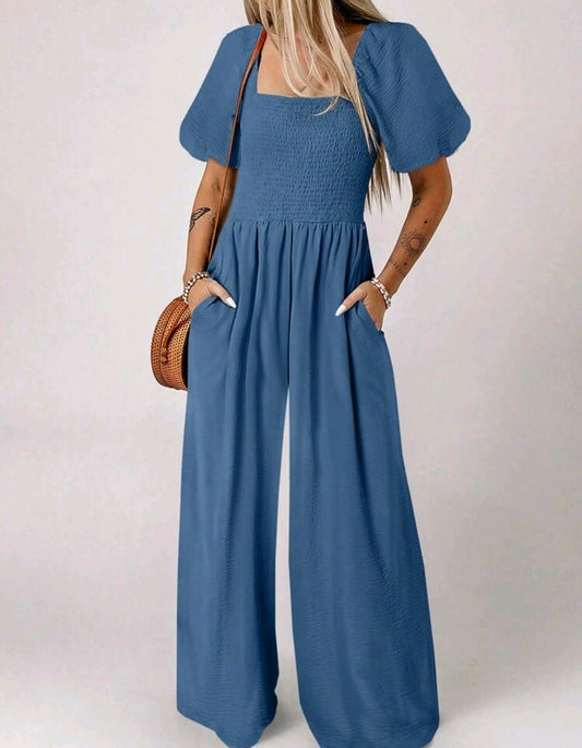 Isabella Square Neck Smocked Wide Leg Jumpsuit Summer Mensa