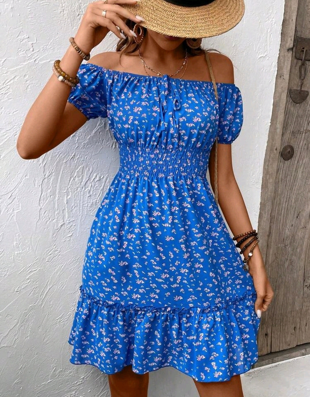 Ava Floral Off Shoulder Smocked Mini Dress Summer Mensa