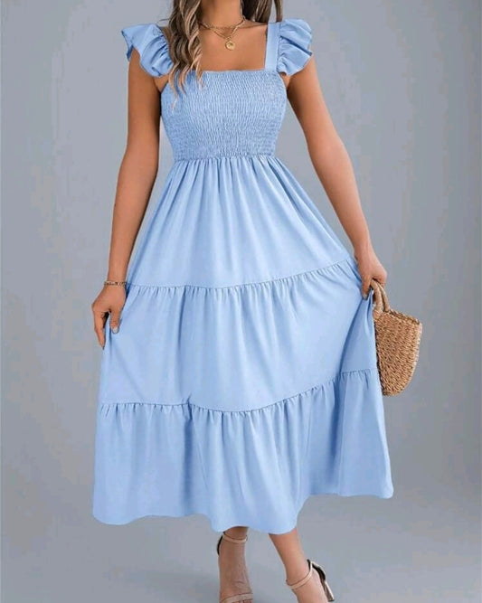 Ava Smocked Square Neck Tiered Midi Dress Summer Mensa