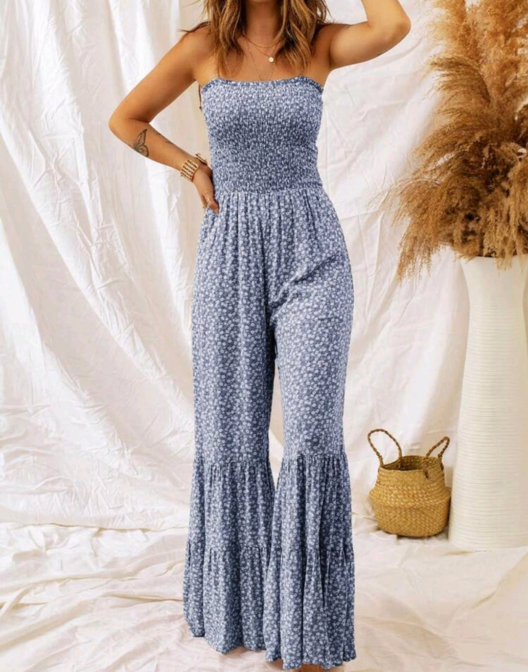 Elena Blue Floral Smocked Wide Leg Jumpsuit Summer Mensa