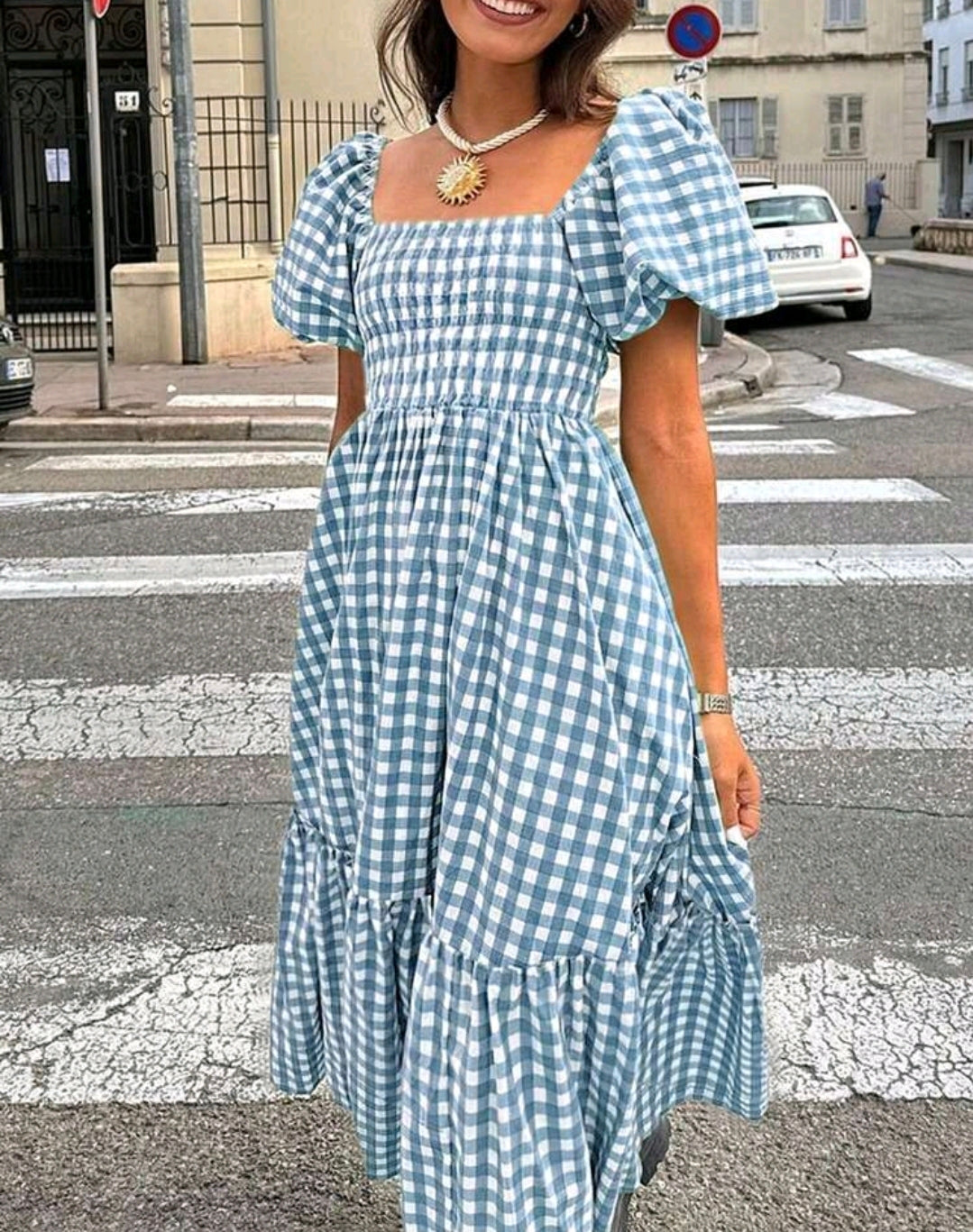 Mia Gingham Smocked Square Neck Tiered Maxi Dress Summer Mensa
