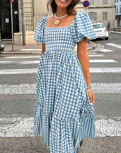Mia Gingham Smocked Square Neck Tiered Maxi Dress Summer Mensa