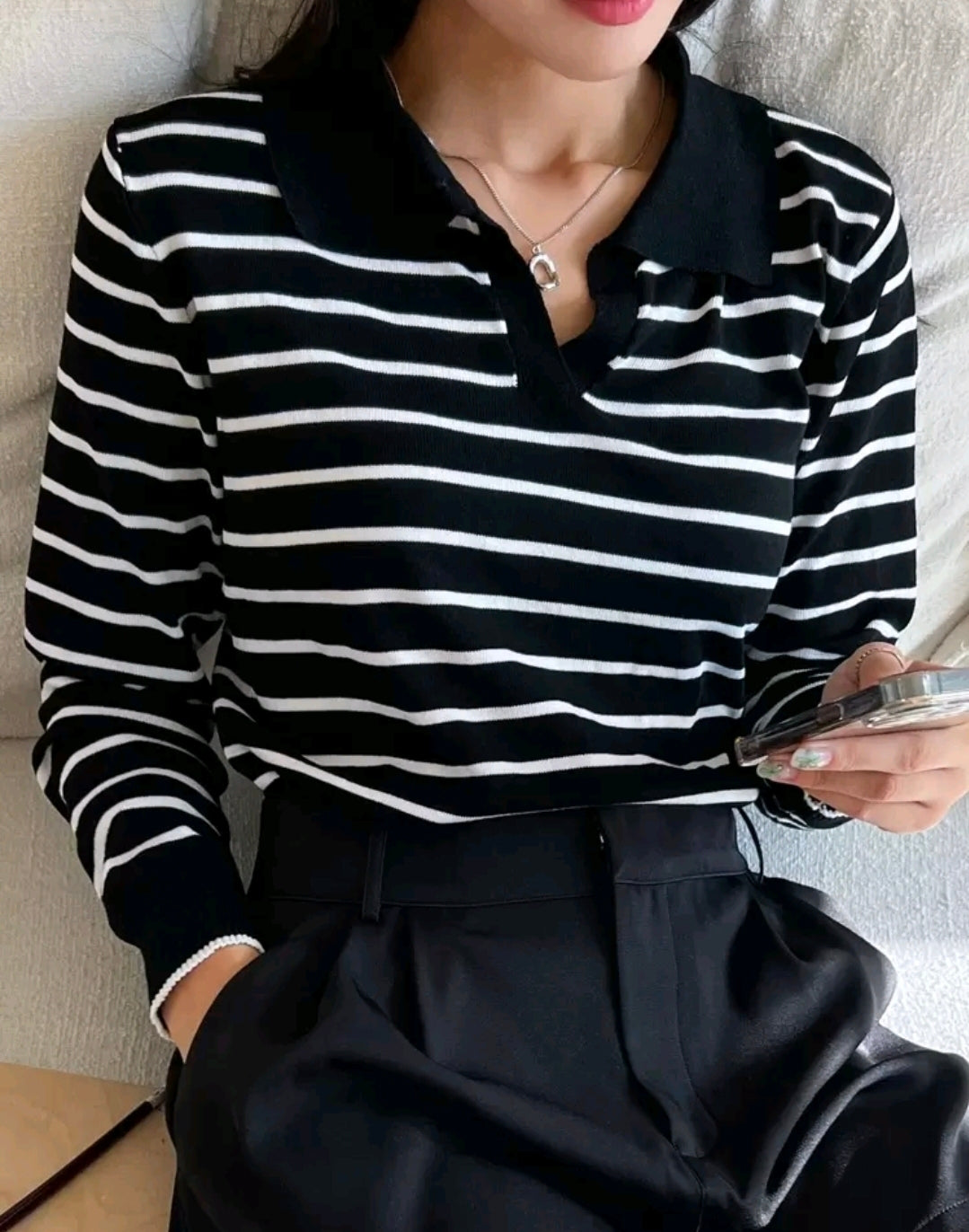 Striped Knit Polo Sweater Mensa