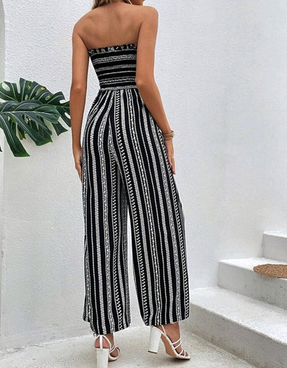 Sophia Black Striped Smocked Strapless Wide Leg Jumpsuit Summer Mensa