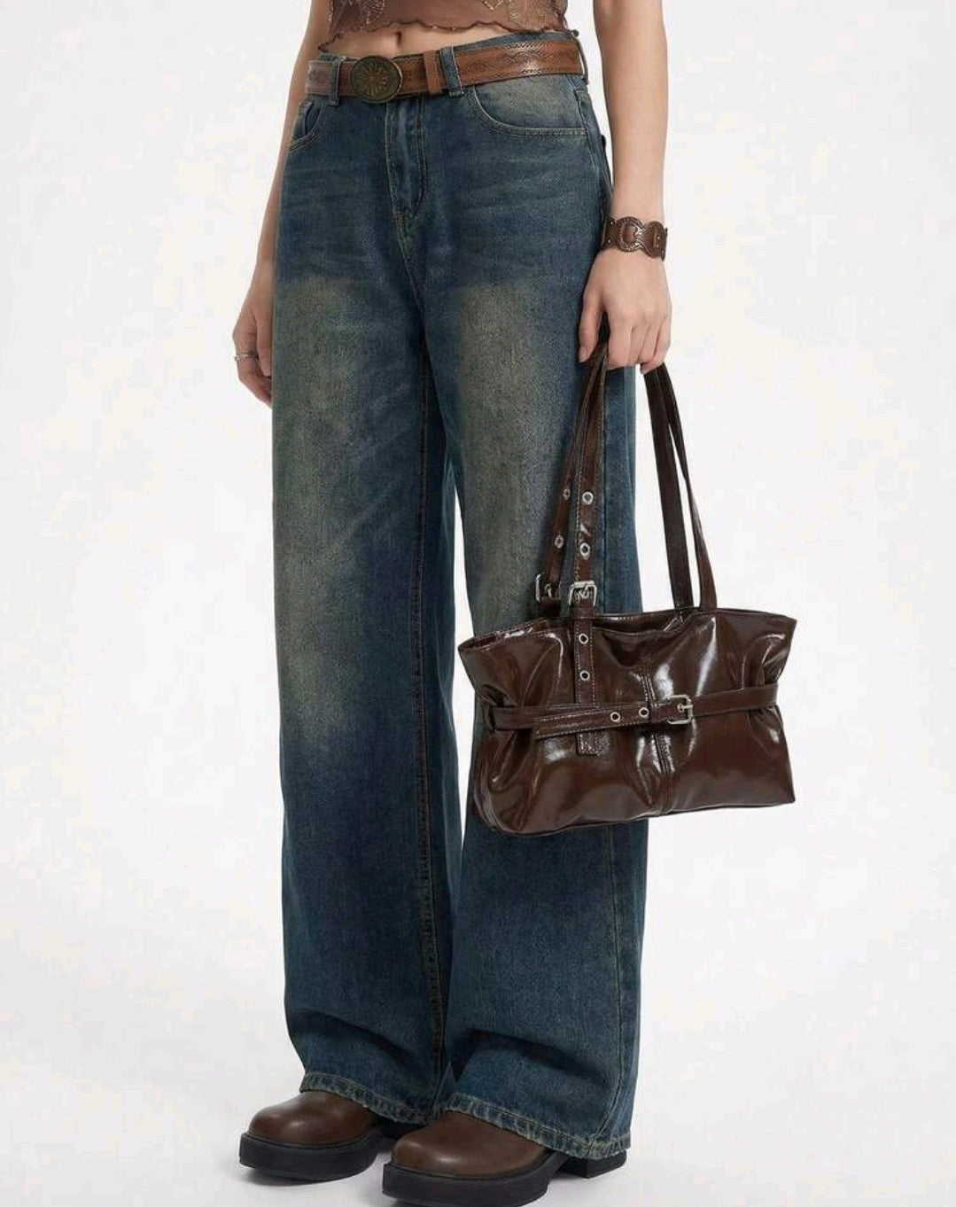 Clara Brown Patent Slouch Tote Buckle Bag Mensa