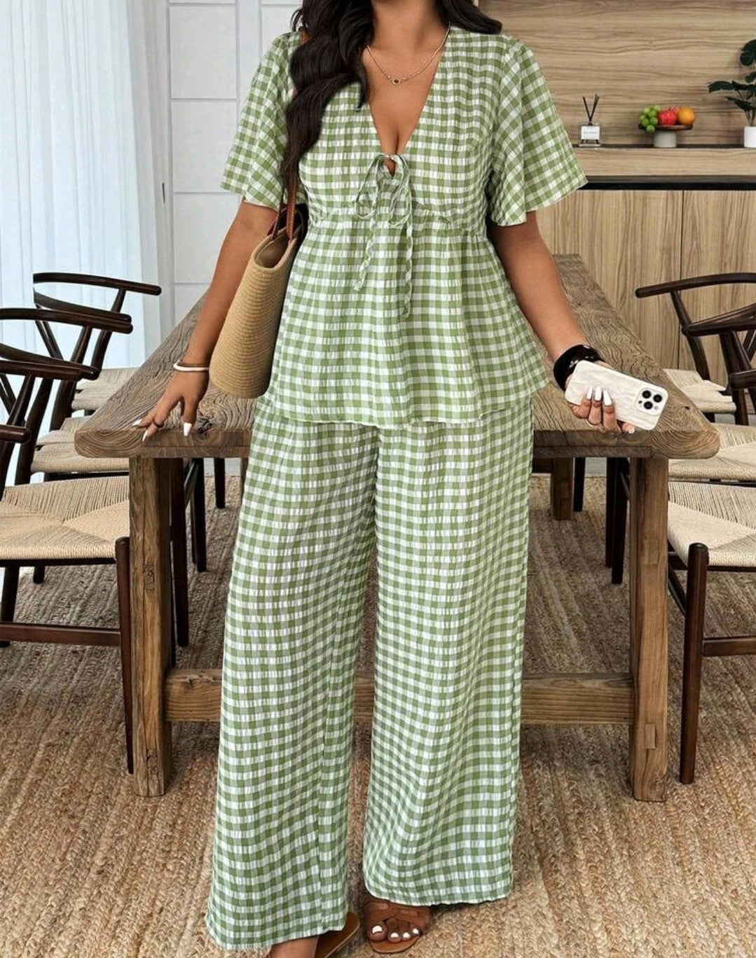 Ava Gingham Peplum Wide Leg Pants Set Summer Mensa