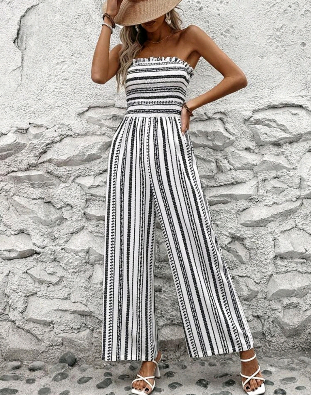 Aria White Striped Smocked Strapless Wide Leg Jumpsuit Summer Mensa