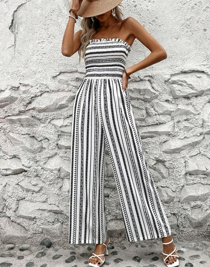 Aria White Striped Smocked Strapless Wide Leg Jumpsuit Summer Mensa