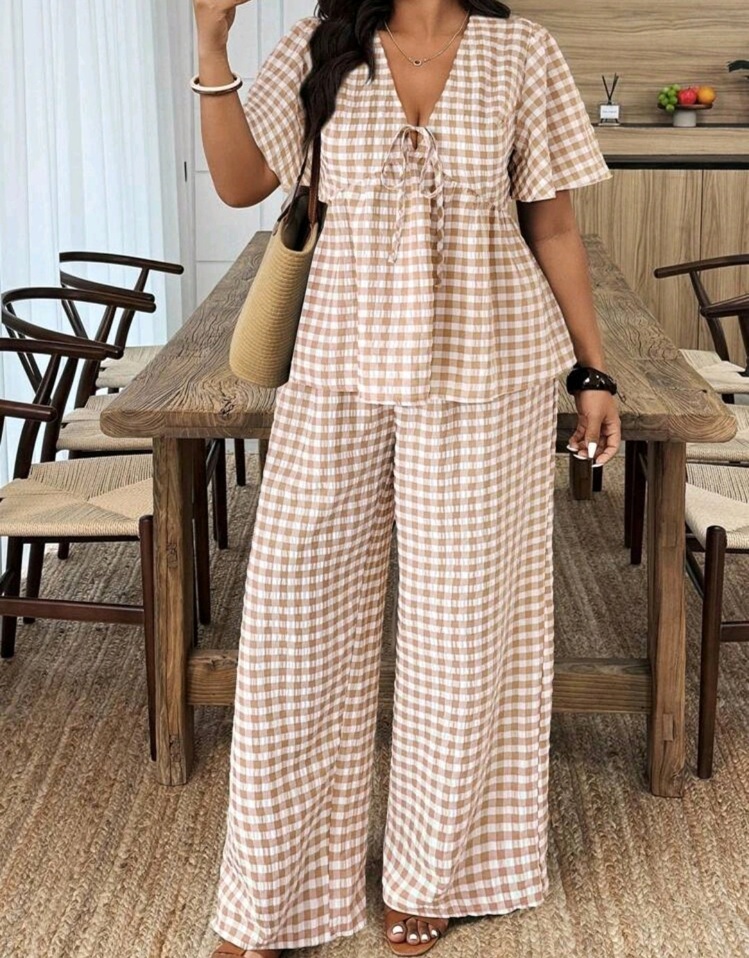 Sophia Gingham Peplum Wide Leg Pants Set Summer Mensa